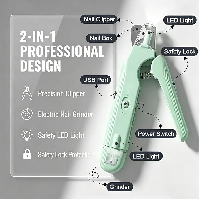 2-in-1 Dog Nail Grinder & Dog Nail Clippers Trimmers for Large Medium Small Dogs Cats Pets Claw Trimmer with LED Lights (Green)