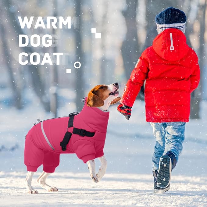 BRKURLEG Dog Winter Coat with Harness Built in, Winter Dog Jacket for Small and Medium Dogs, Small Dogs Snowsuit Reflective Windproof Cold Weather Coat, Puppy Warm Fleece Coats, Hot Pink, XXL