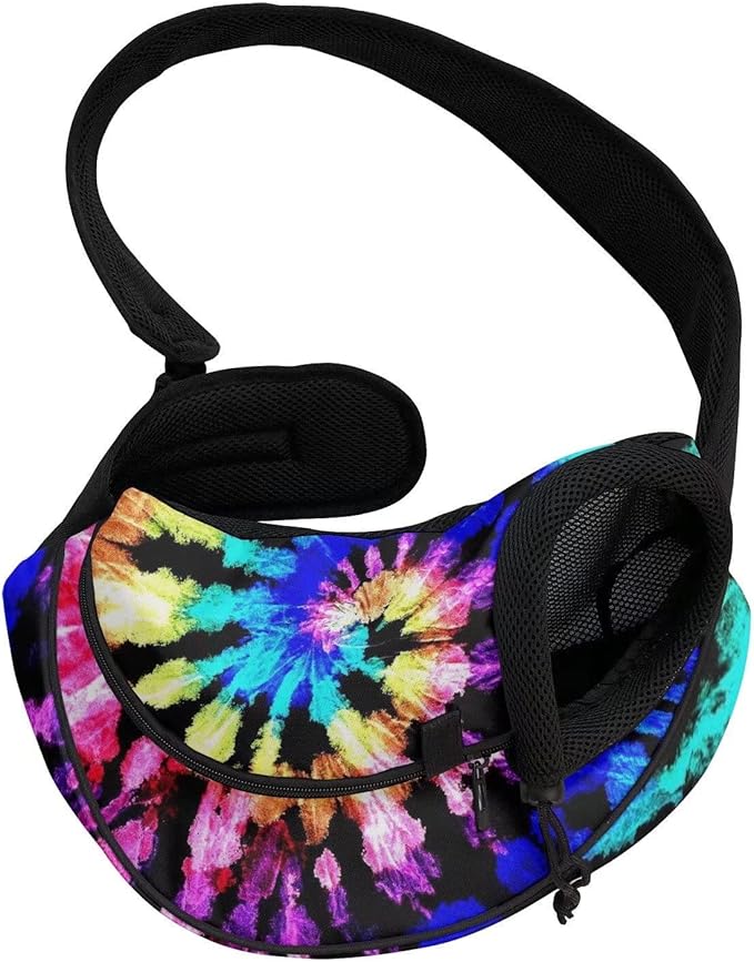 FUSURIRE Tie Dye Pet Carrier Front Bag with Zipper Open and Adjustable Shoulder Strap, Vintage Style Small Dogs Cat Travel Pet Carrier Sling Breathable Mesh Hand Free Design Pet Pack Bag