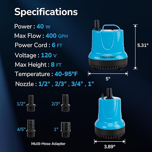 Hexago 400GPH Submersible Water Pump, 40W Fountain Pump with 8FT Max Lift, Quiet Small Sump Pump for Pond, Aquarium, Hydroponics, Waterfall, Fish Tank