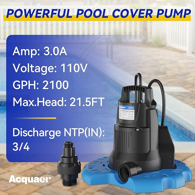 Acquaer 1/3 HP Automatic Swimming Pool Cover Pump, 2950 GPH Submersible Sump Pump with 3/4” Check Valve Adapter & 25ft Power Cord, Water Removal for Pool, Hot Tubs, Rooftops, Water Beds, Black & Blue
