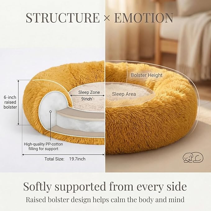 Calming Donut Dogs Beds for Small Dogs Washable,19inch Fluffy Round Puppy Bed for Puppies,Cats & Toy Breeds with Raised Rim,Fits up to 15 lbs Pets,Orange