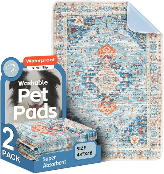 Washable Pee Pads for Dogs, 2 Pack Reusable Puppy Training Pads 48"x48" Super Absorbent Waterproof Dog Training Pads, Non-Slip Potty Pads, Whelping Pads Litter Mat Blue/Mix