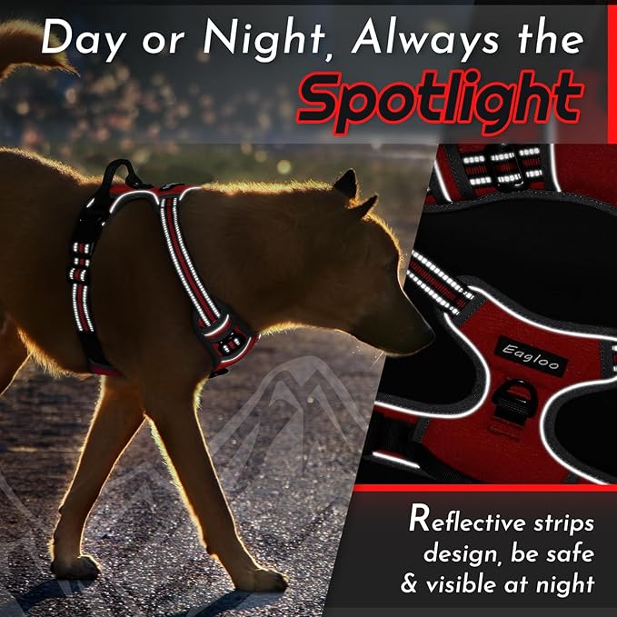 Eagloo Dog Harness Medium Sized Dog, No Pull Service Vest with Reflective Strips and Control Handle, Adjustable and Comfortable for Easy Walking, No Choke Pet Harness with 2 Metal Rings, Red, M