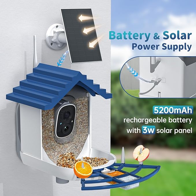 Smart Bird Feeder with Camera Solar Powered & AI Bi rd Identification, 2.4Ghz WiFi Bird feeders for Outdoors, 2K Live Video, Instant Arrival Alerts - Gifts for Women