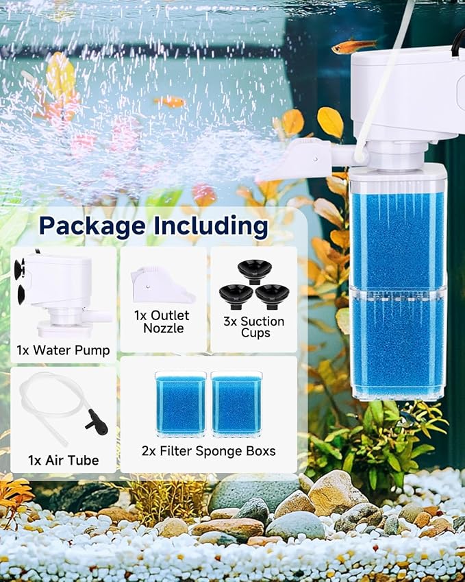 fishkeeper 4-in-1 Mutil Stage Aquarium Power Filter, 6W/8W/13W, 20-100Gal | Quiet Submersible Fish Tank Filter with Filtration/Bubbler/Oxygenation/Wavemaker Function, Adjustable Air Flow, Sponge Filter