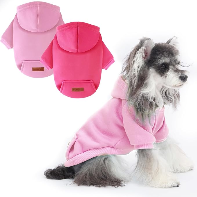 2 Pack Dog Hoodie Warm Hood Dog Sweater Cold Weather Small Dogs Sweatshirt Comfort Pet Clothes for Small Medium Dogs with Pockets (Rose+Pink, M (Back: 11.4",Chest: 16.9", 5.8-8.8 lbs))
