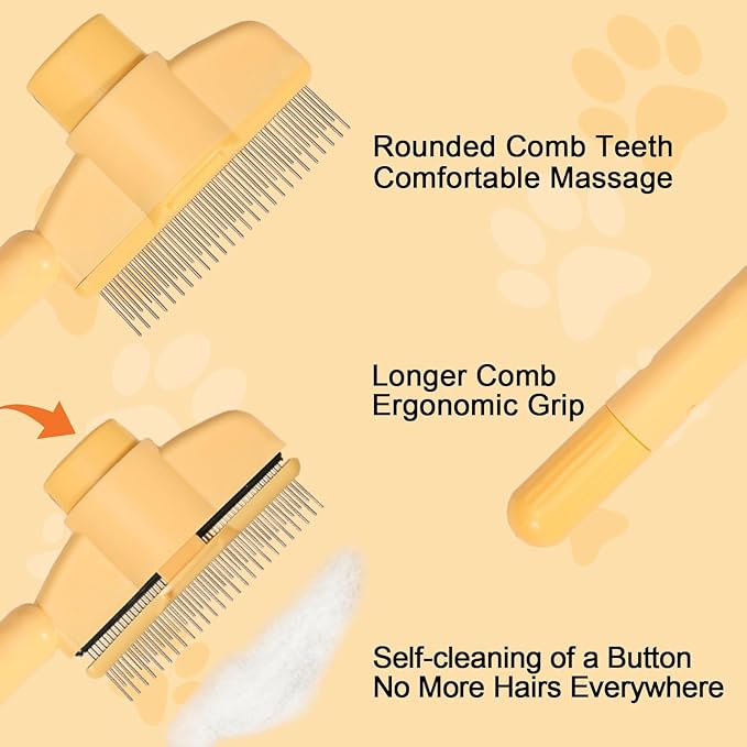 Dogs and Cats Comb with Release Button, Pet Hair Removal Tools with Safe Stainless Steel Teeth for Deshedding, Cat Grooming Supplies for Long/Short Hair, Cat Brush for Shedding, Orange