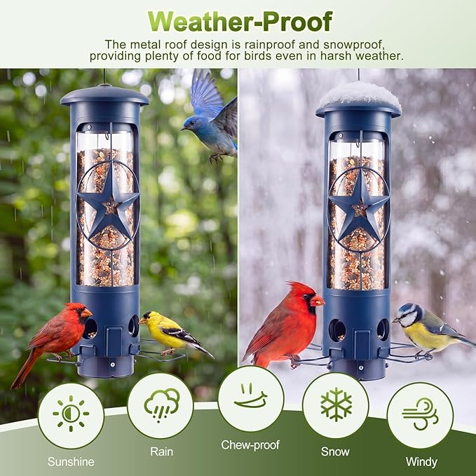 Squirrel Proof Bird Feeders for Outdoors with Weight-Activated, 3LB Large Metal Wild Bird Feeders for Cardinals,Blue Jay,Finch, Weatherproof Durable Tube Hanging Bird Feeder for Backyard,Garden,Patio