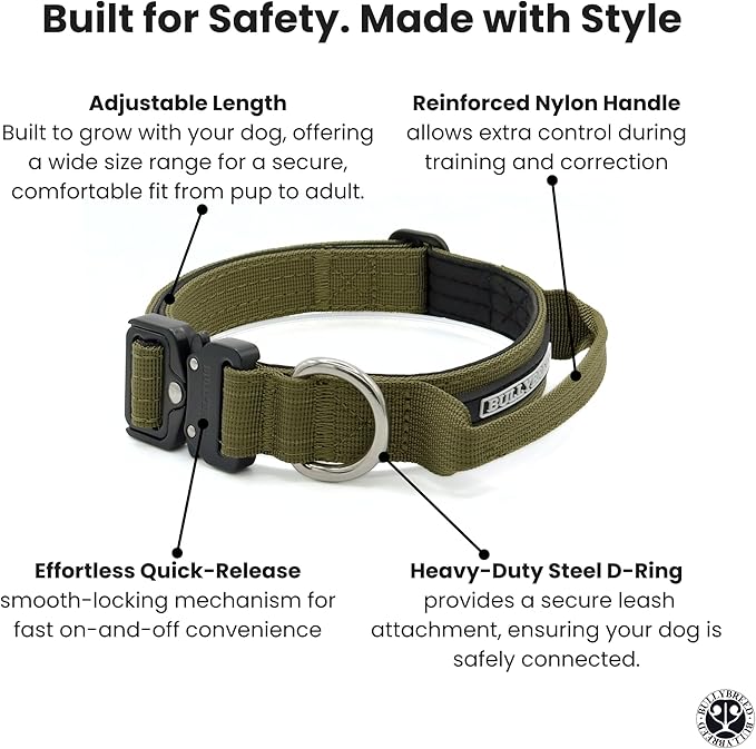 Tactical Dog Collar for Puppy, Heavy Duty Puppy Collar, Dog Collar for Small Dogs, Waterproof Dog Collar, Dog Training Collar, Quick-Release Buckle, Adjustable Sizes – BULLYBREED (Olive Green, Small)
