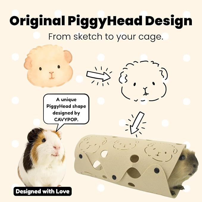 Guinea Pig Tunnel, Washable Felt Hideout for Small Cage, Durable & Breathable Small Pet Tube Toys for Zoomies, Popcorning & Resting - Cute Piggy Face Design-Beige