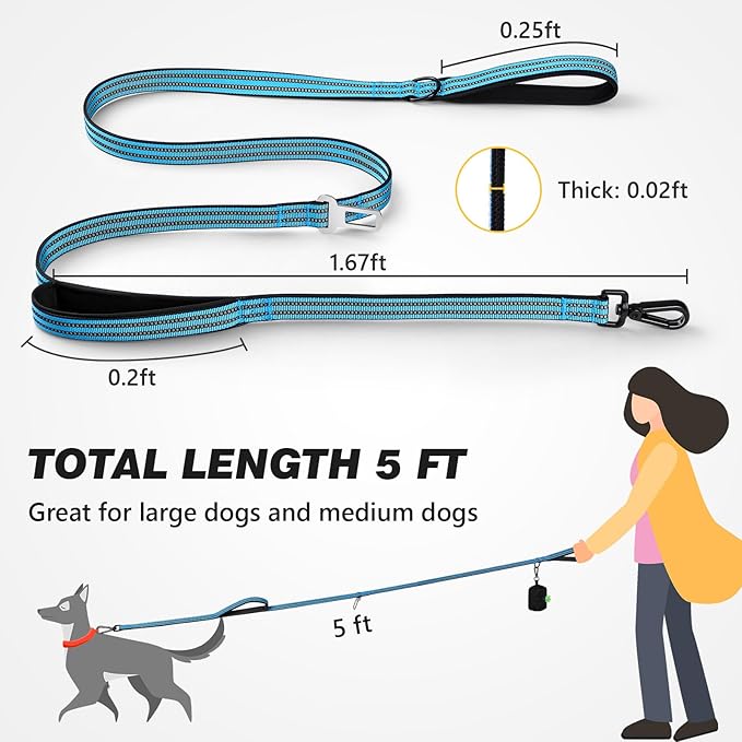 WINGOIN Dog Leash for Large Medium Small Dogs, Heavy Duty Dog Leashes with Double Handle, Poop Bag Holder, Car Seat Belt Buckle, Reflective Tactical Pet Lead for Walking, Training (Blue, 5FT)