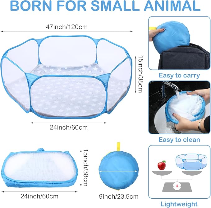 VitalCozy Hamster Playpen with Mat Small Animal Cage Tent Breathable Transparent Guinea Pig Playpen Waterproof Portable Yard Fence Mat Foldable Exercise Playpen Outdoor Indoor (Blue,Star)