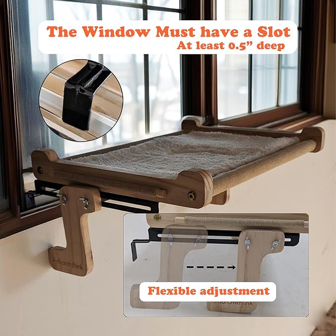 No Suction Cup Cat Window Perch - Adjustable Hammock Seat for Windows with Tracks or Gaps, Sturdy Wood Metal Frame Holds 40lbs, Easy No Drilling Indoor Bed for Large Felines