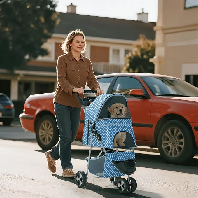 Pet Stroller for Small Dogs 10 lbs, Dog Stroller for Medium Dogs 30 lbs, Cat Strollers for 2 Cats, 3 Wheels Foldable Jogger Puppy Stroller with Storage Basket and Cup Holder, Blue Polka Dots