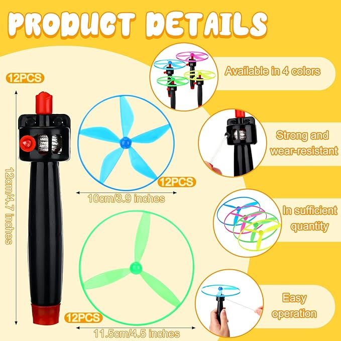 Meooeck Disk Helicopter Toy Disco Flyers Include 12 String Launchers and 24 Flying Saucer Disk Launcher Toy Fly Toys for Outdoor Activity Little Teens Birthday Party Favors(36 Pcs)