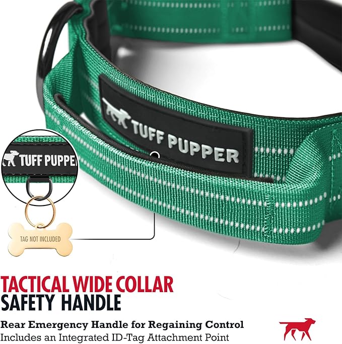 Tuff Pupper Tactical Dog Collar | Heavy Duty 1.5" Wide Ballistic Nylon | Training Control Handle | Quick-Release Metal Buckle | Reflective Bands | ID Tag Holder | Padded Inner Lining (Green, Large)
