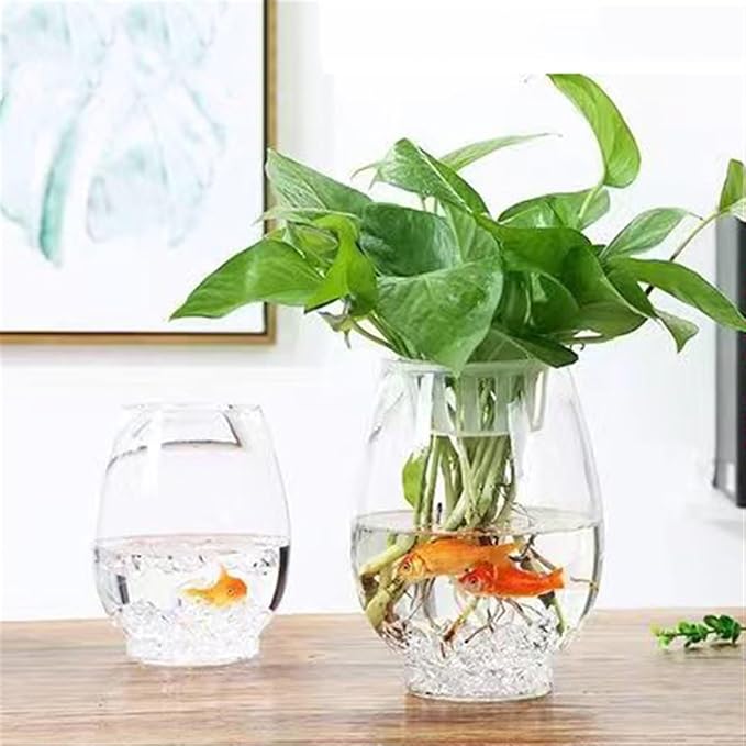 Fish Bowl Fish Tank Transparent Oval Small Fish Tank Glass Turtle Tank Ecological Tank Aquatic Plants Home Desktop Ornaments Living Room(Small)