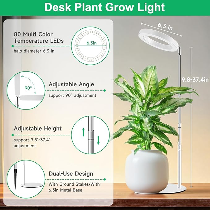 Aokrean Grow Lights for Indoor Plants, Full Spectrum Plant Lights for Indoor Growing, 9.8"-37.4" Height Adjustable Desk Grow Lamp with Auto Timer 6/12/16Hrs, 3 Optional Spectrums, 5 Brightness,1 Pack