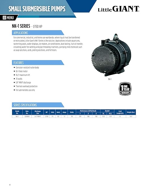 Little Giant "NO KORODE" 115-Volt, 1/150 HP, 210 GPH NK-1 Mild Acid, Alkalis and Hard Water Submersible Centrifugal Pump, Black, 526003
