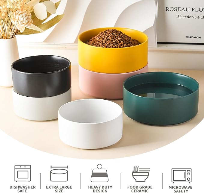 Ceramic Set of 2 Dog Bowls - Classic Dogs Food & Water Bowl for Small and Medium Breed, Heavy-Duty Non-Slip Dog Dishes, Food Grade Pet Bowl, Dishwasher & Microwave Safe (6'', 2*30OZ, Yellow)