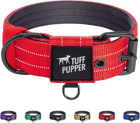 Tuff Pupper Heavy Duty Tactical Dog Collar | 1.5" Wide Ballistic Nylon | Reflective Stitching | Integrated ID Tag Holder | Stainless Steel Buckle | Padded Lining | Medium & Large Dogs (Red, Medium)