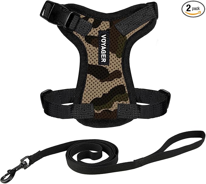 Voyager Escape-Proof Step-in Lock Cat Harness & 5ft Neoprene-Handle Leash Set All-Weather Mesh with Reflective Stitching for Small to Large Cats by Best Pet Supplies, Army/Black Trim, XXS