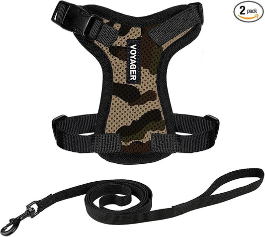 Voyager Escape-Proof Step-in Lock Cat Harness & 5ft Neoprene-Handle Leash Set All-Weather Mesh with Reflective Stitching for Small to Large Cats by Best Pet Supplies, Army/Black Trim, XXS