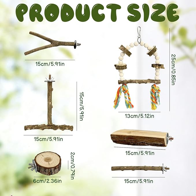 6 pcs Natural Wood Bird Perch Set, Claw-Trimming Fork Perch, Budgie Climbing Standing Branch Toy, Chewing Stick Cage Accessories, Suitable for Budgies, Lovebirds, and Cockatiels