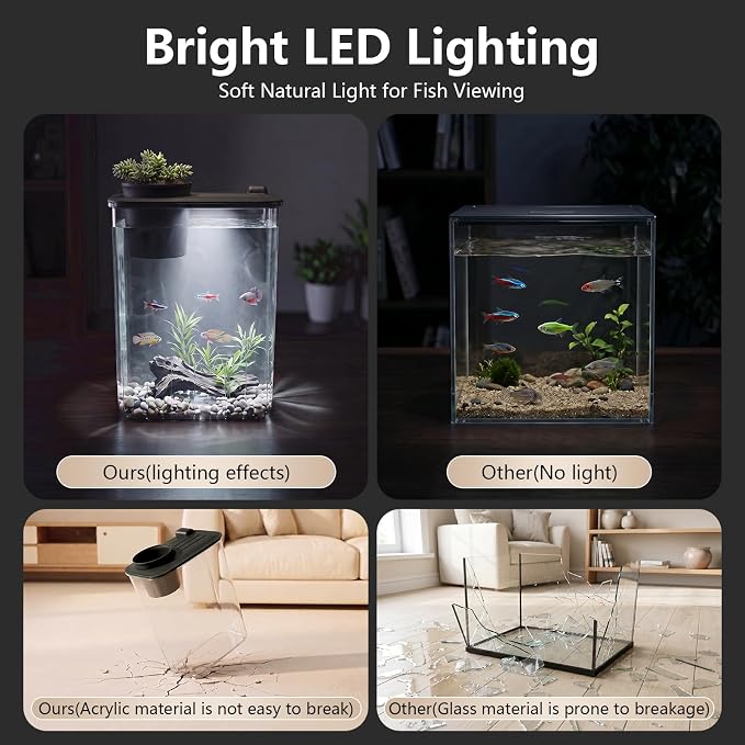1 Gallon Betta Fish Tank Aquarium Starter Kit with Light and Lid(Black) | Premium Acrylic Aquarium with Light and Lid, Crystal Clear Starter Kit for Betta Fish, Shrimp, Snails and Small Fish