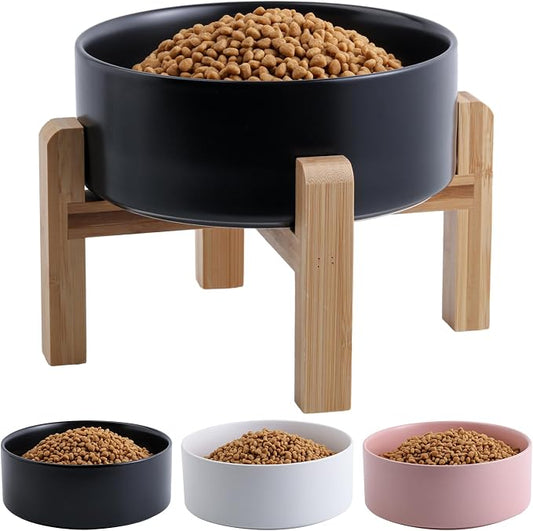 Elevated/Raised Ceramic Dog Bowl with Bamboo Stand (Black, 3.6Cup)