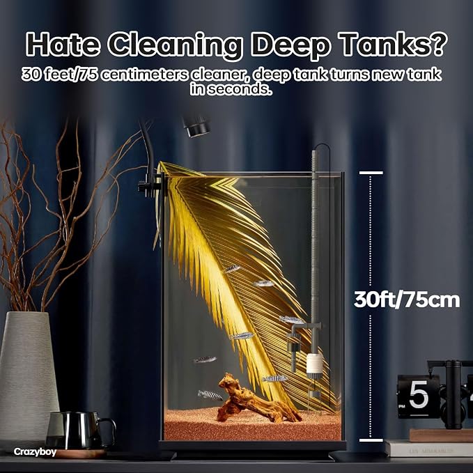 Crazyboy Fish Tank Vacuum - 6-in-1 Automatic Removable Vacuum Electric Tool Aquarium Gravel Cleaner 30W Strong Suction Electric Cleane.(White-504)