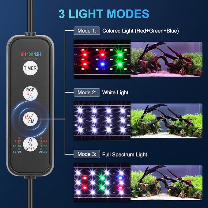 AQQA LED Aquarium Light for Plants, 24/7 Mode Full Spectrum Fish Tank Light with 3 Light Modes, Adjustable Timer/Brightness, Memory Function, Extendable Brackets for Freshwater for 24-32 Inch Tank 22W