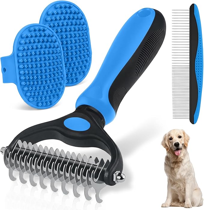 Double-Sided Pet Grooming Rake - 4-in-1 Professional Pet Grooming Kit Deshedding Dematting Tool for Dogs Cats Extra-Wide Grooming Brush & Deshedder Comb for Long & Short Haired Pets (Blue Kit 4PCS)