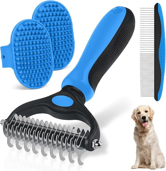 Double-Sided Pet Grooming Rake - 4-in-1 Professional Pet Grooming Kit Deshedding Dematting Tool for Dogs Cats Extra-Wide Grooming Brush & Deshedder Comb for Long & Short Haired Pets (Blue Kit 4PCS)