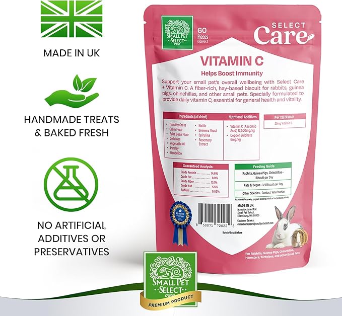 Small Pet Select - Select Care Vitamin C Support Supplement, Natural High Fiber Timothy Hay Based Treats for Rabbits, Guinea Pigs, Hamsters, Other Small Animals, 4.2 oz
