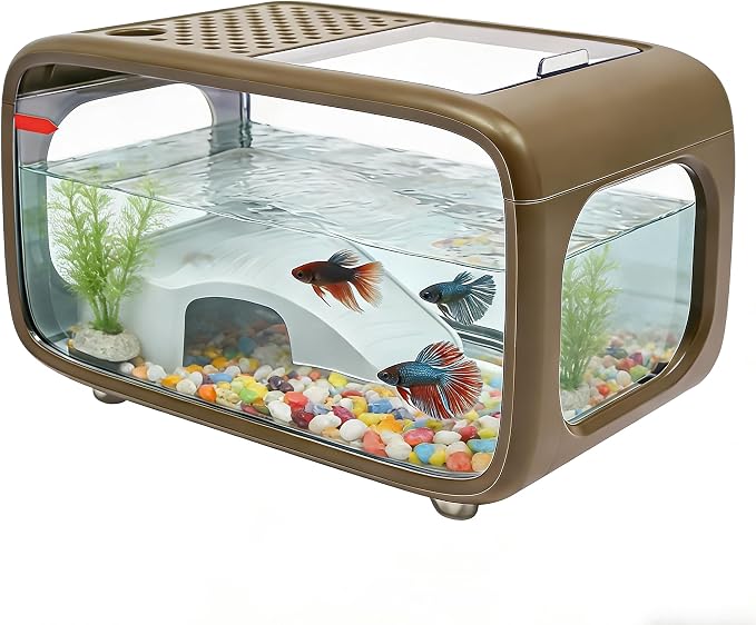 Desktop Fish Tank 3.17 Gal, HIPS + AS Aquarium Kit with Built-in Climbing Frame & Top Feeding Hole, Easy Clean Small Fish Bowl for Betta Guppy Shrimp, Modern Home Office Desk Decor Brown