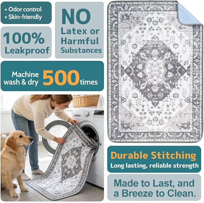 Washable Pee Pads for Dogs, 2 Pack Reusable Puppy Training Pads 24"x18" Super Absorbent Waterproof Dog Training Pads, Non-Slip Potty Pads, Whelping Pads Litter Mat Light Grey Medallion