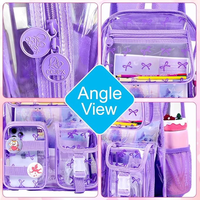 CCJPX 3Pcs Clear Backpack for Girls, School Transparent Bookbag, Heavy Duty See Through Backpacks for Teens Elementary