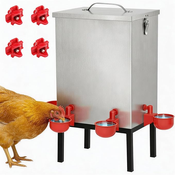 3 Gallon Chicken Waterer with Cups & Nipples, Stainless Steel Poultry Waterer for Backyard Coop, No-Spill, Easy to Clean, Ideal for Chickens, Ducks & Small Farms