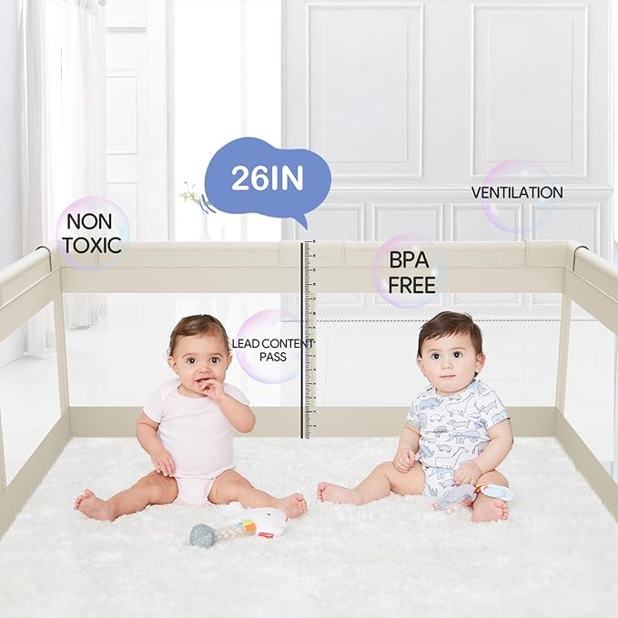 Fodoss Baby Playpen, Upgrade Playpen for Babies and Toddlers, 47x47inch Beige Play Pen for Babies with Hand Pulling Ring, Play Pen Center for Kids,Baby Fence,Kids Playards