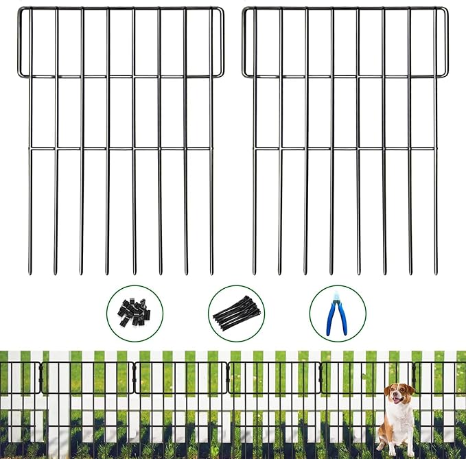 ULIOK Animal Barrier Fence, 25 Panels No Dig Fence, 27ft(L) x 17in(H) Dog Fencing Rabbit Fences, 1.52in Spike Spacing Rustproof Metal Fences Border for Outdoor Yard with Cable Ties and Cutting Plier