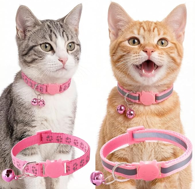Pink Cat Collars with Bells, [2 Pack] Break Away Cat Collar with Bells, Reflective Kitten Collar Breakaway for Boy Pet Cats Kitty