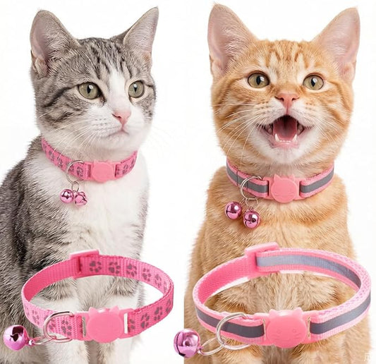Pink Cat Collars with Bells, [2 Pack] Break Away Cat Collar with Bells, Reflective Kitten Collar Breakaway for Boy Pet Cats Kitty