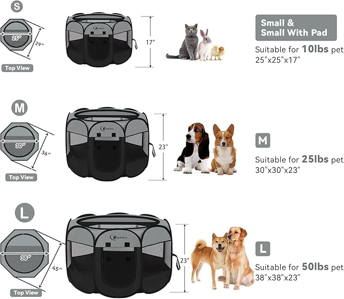 Siedihit Dark Grey Dog Cat Playpen, Puppy Pet Playpen, Small Dogs Tent Crates Cage Indoor/Outdoor, Portable Pop Up Dog Kennel Playpen with Carrying Case for Dogs/Cats/Rabbits