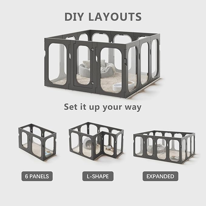 Acrylic Clear Dog Playpen Indoor with Door, 26'' H Transparent Dog Play Pen for Small Dogs, No-Connector Modular Puppy Playpen with Integrated Suction Cups Base, 12 Panels, Black