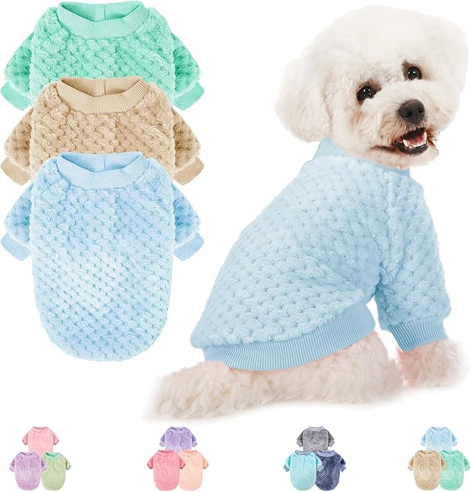 POMIU Dog Sweater, Dog Sweaters for Small Medium Dogs or Cat, Warm Soft Flannel Pet Clothes for Dogs Girl or Boy, Dog Shirt Coat Jacket (Ice Blue+Light Coffee+Teal, XX-Large)