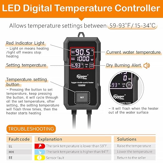 hygger Aquarium Heater 300W/500W/800W/1000W, Submersible Fish Tank Heater | with Digital LED Controller and Intelligent Leaving Water Automatically Stop Heating System, for Freshwater and Saltwater