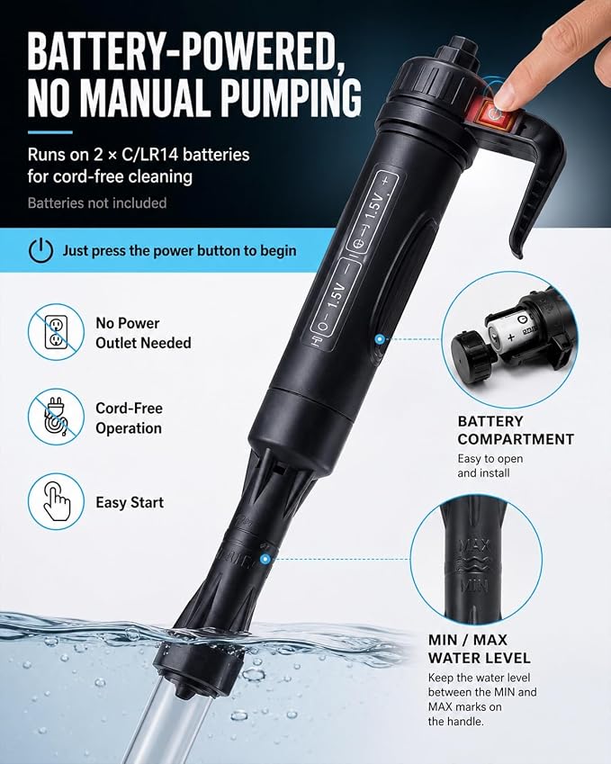 Electric Aquarium Gravel Cleaner Fish Tank Cleaning Vacuum Siphon Tool Kit | Automatic Removable Water Changer Circulation Battery-Operated Adjustable Length Sand Algae Filter for All Aquariums(2PCS)