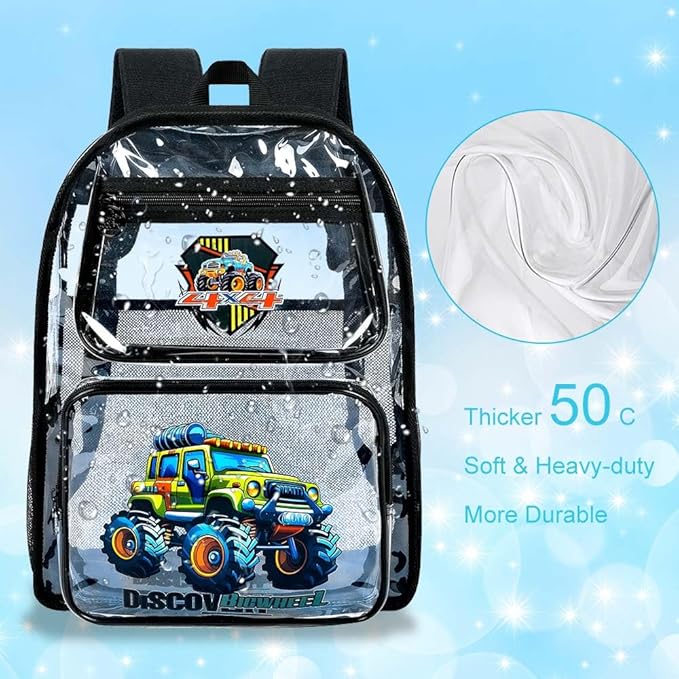 AGSDON 3PCS Clear Backpack for Boys,16" Truck Transparent Bookbag Heavy Duty, Cute See Through Backpacks with Lunch Bag